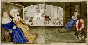 Ein Satz von sechzehn Fliesen, die paarweise angeordnet sind, um acht Illustrationen der 